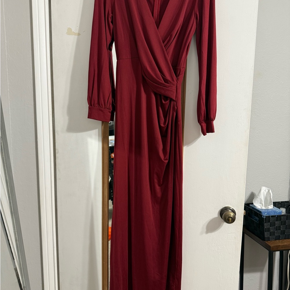 Baltic Born Red Plunge Maxi Gown with Bishop Sleeves